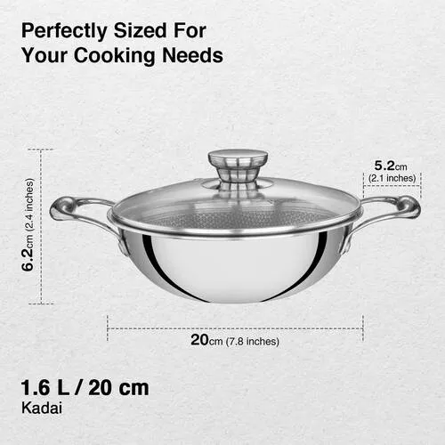 Prestige 24cm/2.7L Tri-Ply Stainless Steel Hexamagic Kadai with Lid| Honeycomb Structure|Durability of Triply|Metal Spoon Friendly| Gas & Induction Compatible|Dishwasher Safe|Low Oil Consumption|Grey