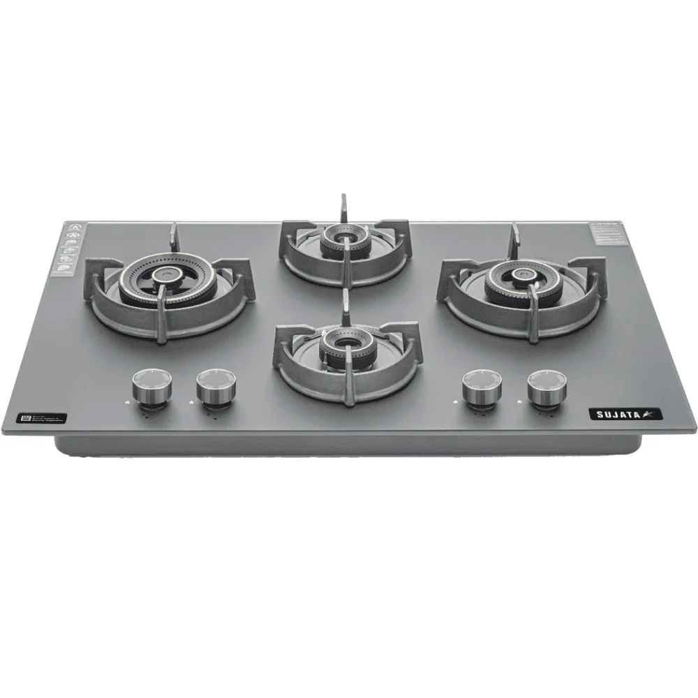 Sujata Hob Gas Stove 4 Burners Glass Top | 5 Years Warranty | 4 Burner Gas Stove Glass Top Auto Ignition, CookTop cum Hob Top, LPG & PNG Compatible, Brass Burner(Palladium FFD Auto Ignition - Black)