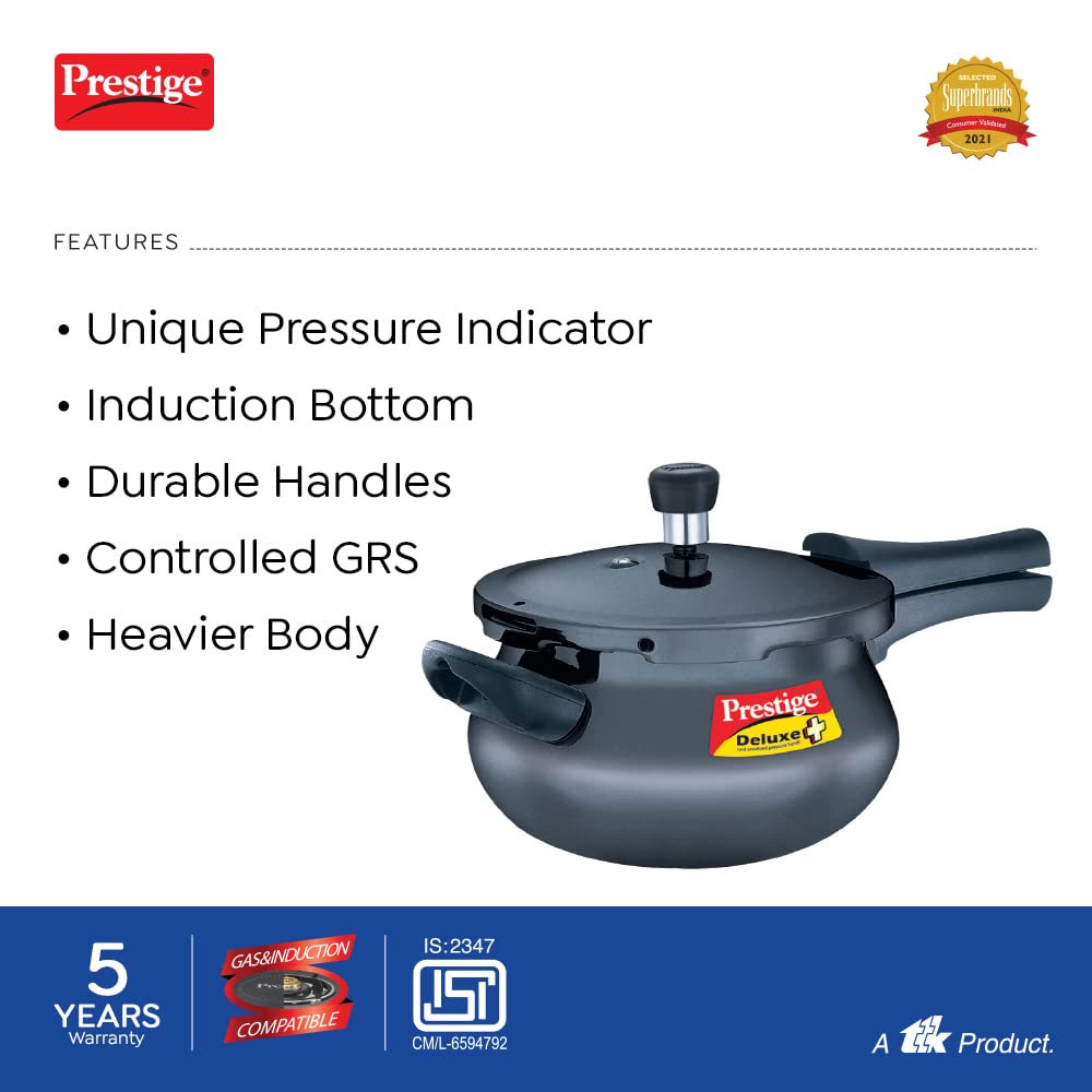Prestige Deluxe Plus Hard Anodized Aluminium Junior Handi Pressure Cooker, 5 L Outer Lid Pressure Cooker - Black, 5 Liter - Detail View