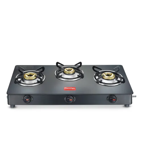 Prestige Magic plus Toughened Glass-Top 3 Brass Burner LPG Gas Stove(GTMP-03) | Black Spill Proof Design | Ergonomic Knob | Tri-Pin Burner