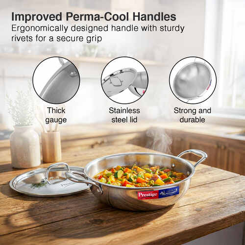 Prestige 24cm/2.7L Tri-Ply Stainless Steel Splendid Kadai with Lid|Gas and Induction Compatible|Even Heat Distribution| Thick Gauge Tri-Ply Body| Perma Cool Handles - Detail View