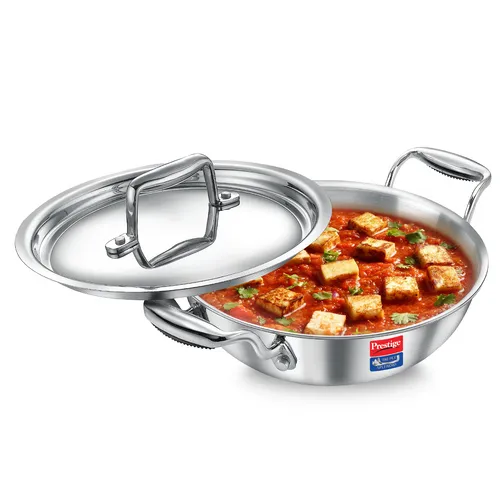 Prestige 24cm/2.7L Tri-Ply Stainless Steel Splendid Kadai with Lid|Gas and Induction Compatible|Even Heat Distribution| Thick Gauge Tri-Ply Body| Perma Cool Handles