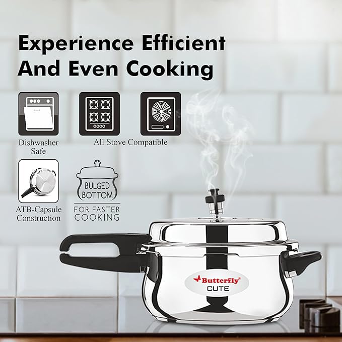 Butterfly Cute 5.5 Litres Stainless Steel Outer Lid Pressure Cooker with Glass Lid| TRIPLY Base - Detail View