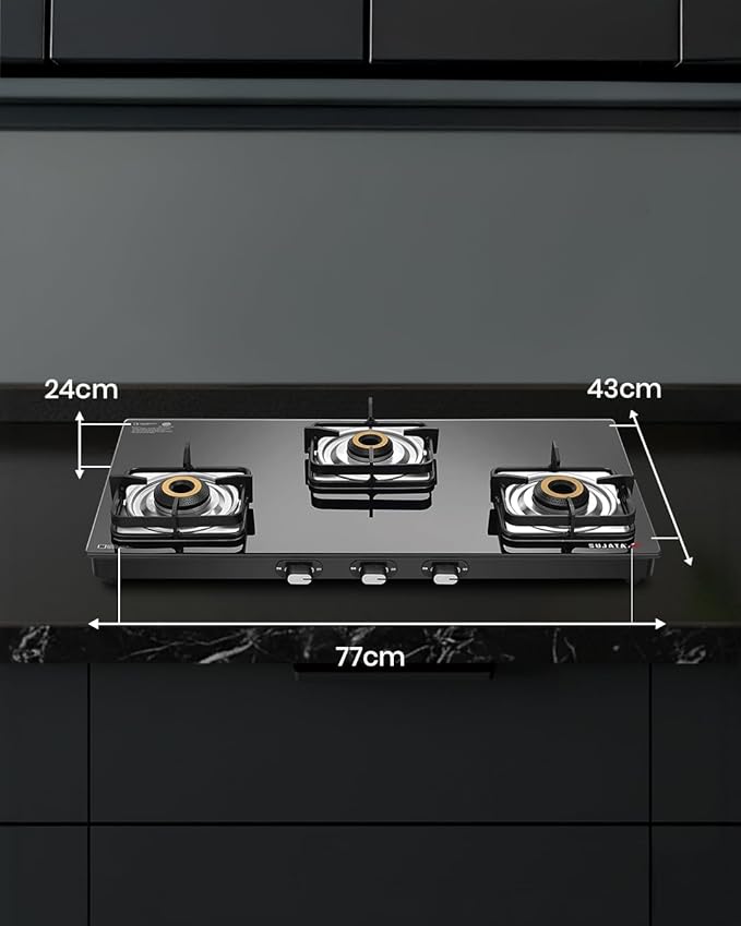 Sujata Gas Stove 3 Burner | Classic Gas Stove Manual Ignition | 9 Years Warranty | 3 Burner Gas Stove Glass Top | SABAF, ISI Certified, LPG & PNG Compatible, Jumbo Brass Burner (Black Colour) - Alternate View