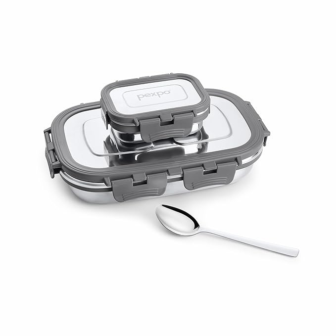 Go24 pexpo Steel Mate Stainless Steel Lunch Box for Kids (700ml) with Small Container (150ml) with Spoon - Grey 