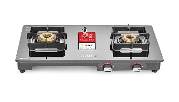 Sujata Regal Manual Gas Stove 2 Burners Glass Top | 9 Years Warranty | Gas Stove with Brass Burners | SABAF Technology | ISI Certified | LPG & PNG Compatible | 360° Rotating Brass Nozzle (Black)