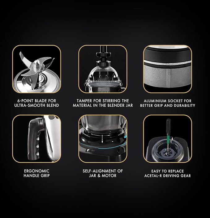 Sujata MG02 Mixer Grinder 1000Watts | Double Ball Bearing Motor|24000 RPM|Non-Stop 90 Mins Running|3 Food Grade Steel Jars including 1500ml Multipurpose, 1000ml Grinder, 500ml Chutney Jar| (Black) - Detail View