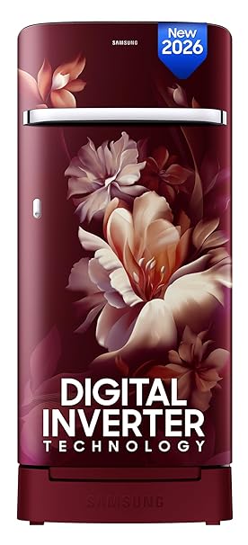 Samsung 189 L, 5 Star, Digital Inverter, Direct-Cool Single Door Refrigerator (RR21H2H25RZ/HL, Midnight Blossom Red, Base Stand Drawer, Single Touch Defrost