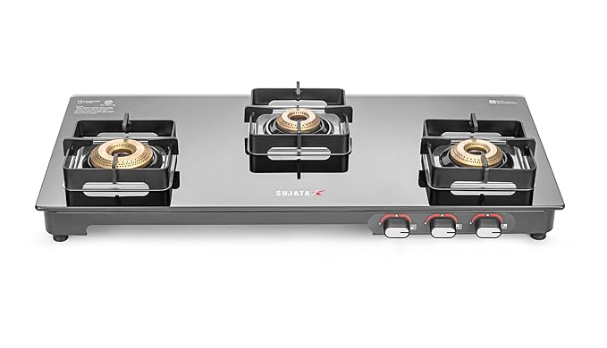 Sujata Regal Manual Gas Stove 3 Burners Glass Top | 9 Years Warranty | Gas Stove with Jumbo Brass Burners | SABAF Technology | ISI Certified | LPG & PNG Compatible | 360° Rotating Brass Nozzle (Black)