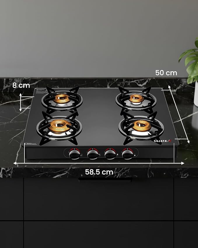 Sujata Standard 4 Burner Auto Ignition Gas Stove | 9 Years Warranty Toughened Glass Top | ISI Certified | SABAF Valves | LPG & PNG Compatible | 360° Rotating Nozzle |(Black) - Alternate View