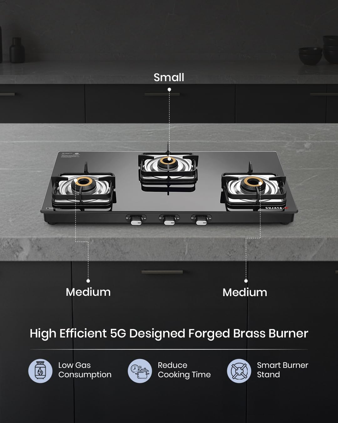 Sujata Gas Stove 3 Burner | Classic Gas Stove Manual Ignition | 9 Years Warranty | 3 Burner Gas Stove Glass Top | SABAF, ISI Certified, LPG & PNG Compatible, Jumbo Brass Burner (Black Colour) - Detail View