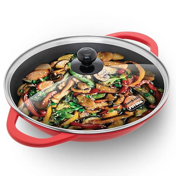 Hawkins 3 Litre Shallow Kadhai, Die Cast Non Stick Frying Pan with Glass Lid, Ceramic Coated Pan, Induction Shallow Frying Pan, Red (IDCSK3G)