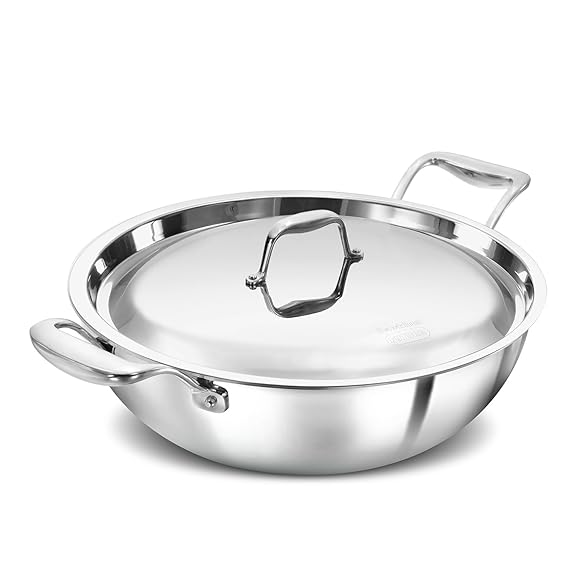 Hawkins Pro 5 Litre Deep-Fry Pan, Triply Stainless Steel Kadhai with Stainless Steel Handles and Stainless Steel Lid, Silver (PSK50S)