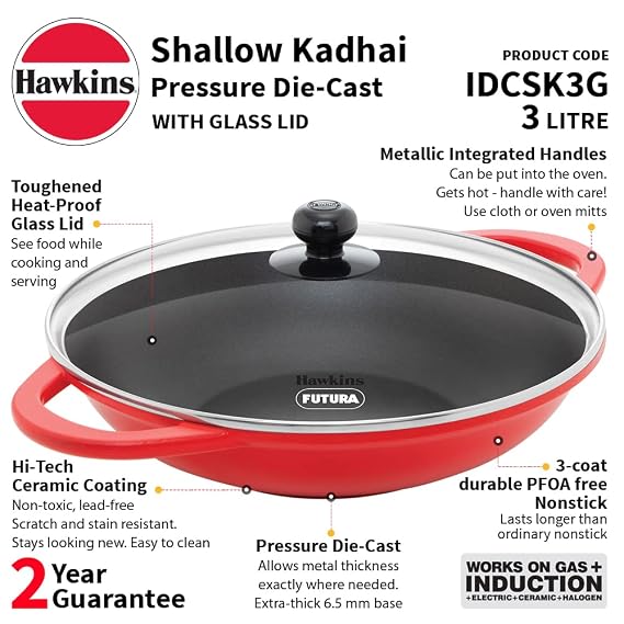 Hawkins 3 Litre Shallow Kadhai, Die Cast Non Stick Frying Pan with Glass Lid, Ceramic Coated Pan, Induction Shallow Frying Pan, Red (IDCSK3G) - Alternate View