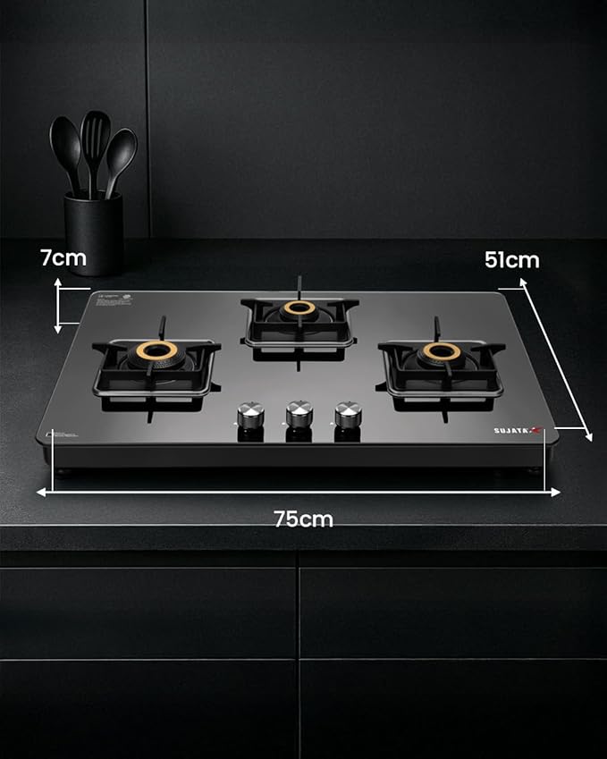 Sujata Premium Gas Stove 3 Burners Glass Top | 9 Years Warranty | Gas Stove with Jumbo Brass Burners | SABAF Technology | ISI Certified | LPG & PNG Compatible | 360° Rotating Brass Nozzle (Black) - Alternate View