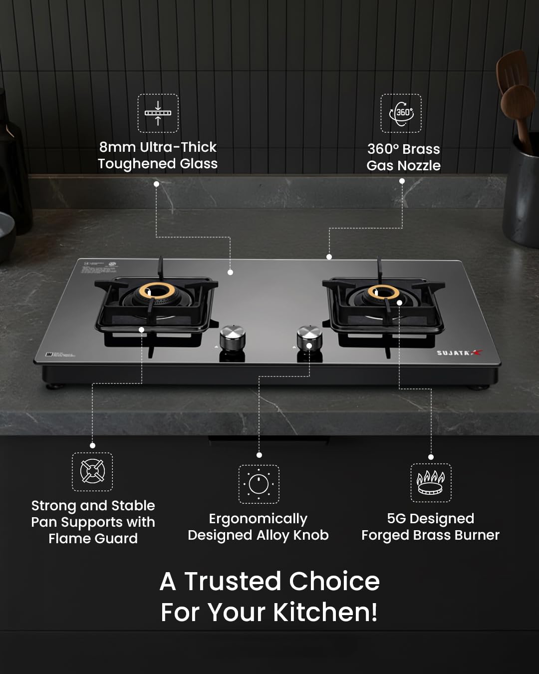 Sujata Premium Gas Stove Auto Ignition | 9 Years Warranty | Gas Stove 2 Burners Glass Top, SABAF, ISI Certified, LPG & PNG Compatible, 360° Rotating Brass Gas Nozzle, Jumbo Brass Burner (Black) - Detail View