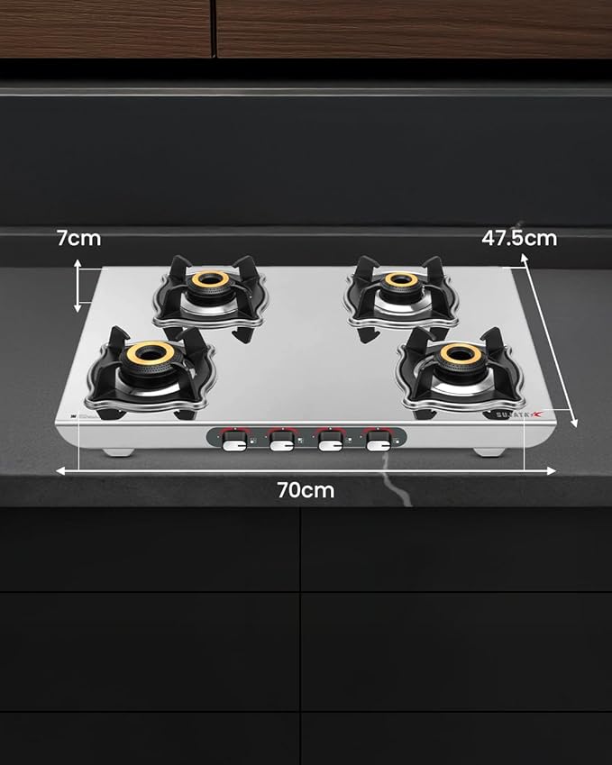 Sujata Majestic Manual Ignition Gas Stove | 9 Years Warranty | 4 Burner Stove, 4 Burner Gas Stove, SABAF, ISI Certified, LPG & PNG Compatible, Jumbo Brass Burners (Stainless Steel) - Alternate View