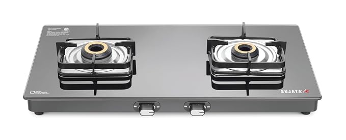 Sujata Gas stove 2 Burner Glass Top | Classic Gas stove Manual Ignition | 9 Years Warranty | 2 Burner Gas Stove | ISI Certified | LPG & PNG Compatible | Brass Burner (Black Colour)