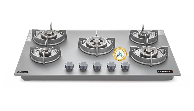 Sujata 5 Burner Gas Stove Glass Top | 5 Years Warranty | Gas Chulha, Auto Ignition Gas Stove, CookTop cum Hob Top, LPG & PNG Compatible, Brass Burner (Palladium FFD Auto Ignition Black)
