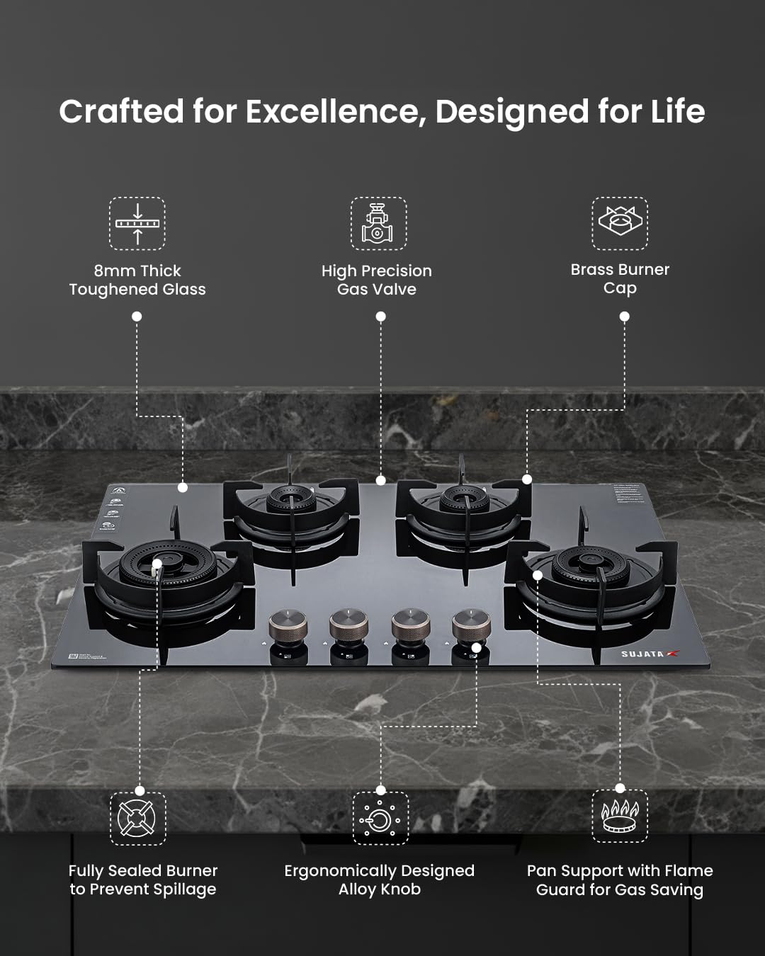 Sujata Hob Gas Stove 4 Burners Glass Top | 5 Years Warranty | 4 Burner Gas Stove Glass Top Auto Ignition, CookTop cum Hob Top, LPG & PNG Compatible, Brass Burner (Indium Auto Ignition - Black) - Detail View