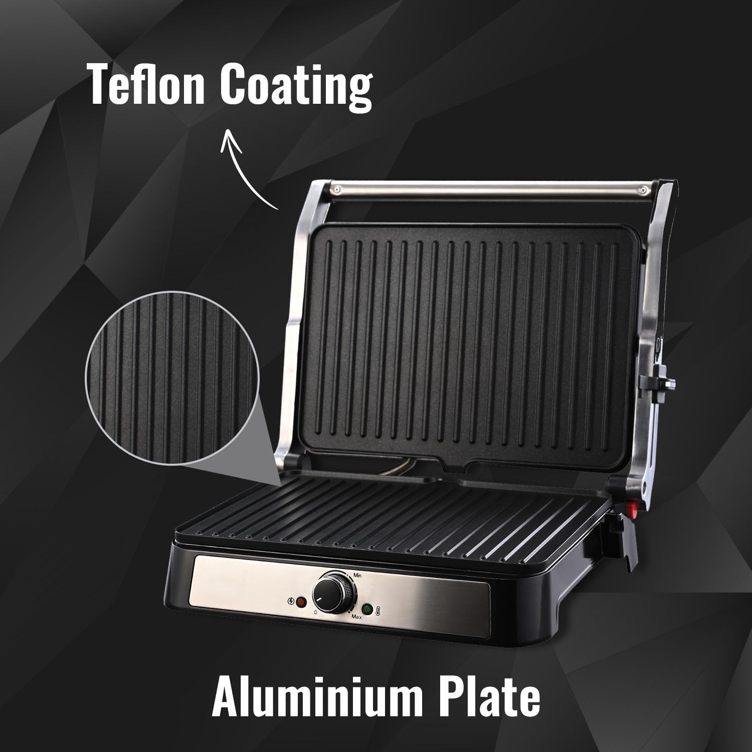 Sujata 2000 W Multi Purpose XL Size Grill SG01 | Aluminium Grill Patty Plate | 180° Flat Open | Teflon Coating | Cool Touch Metal Body | Overheat protection - Detail View