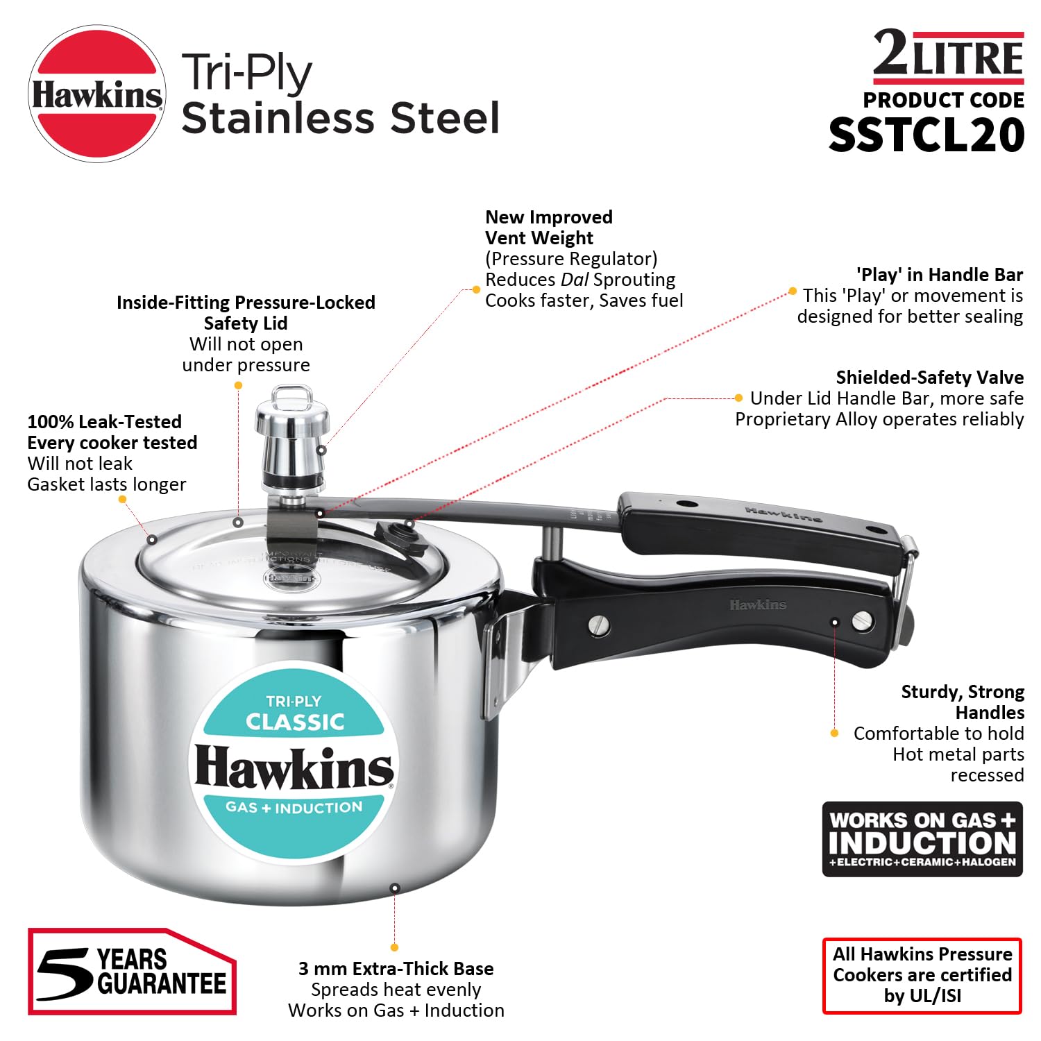 Hawkins Classic 2 Litre Triply Stainless Steel Pressure Cooker - Alternate View