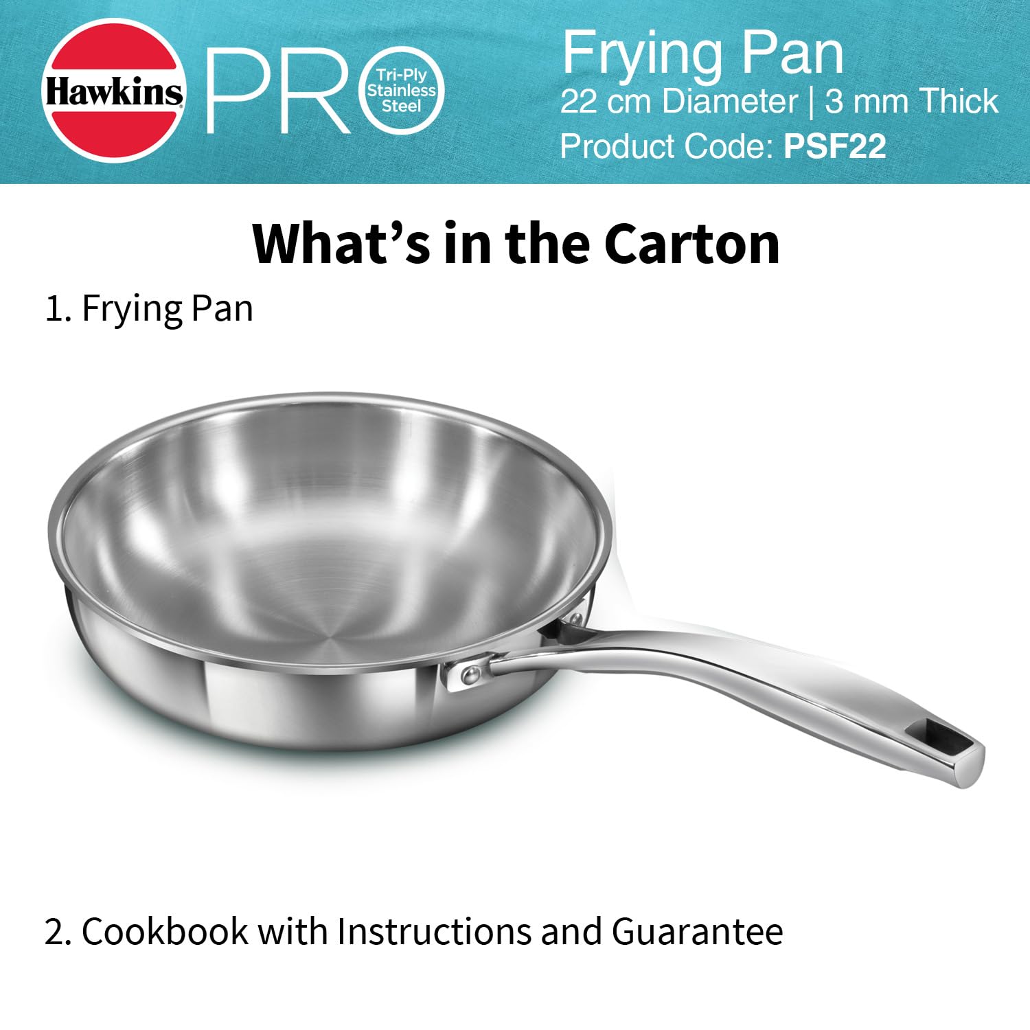 awkins Pro 22 cm Frying Pan, Triply Stainless Steel Fry Pan with Stainless Steel Handle, Silver (PSF22) - Detail View