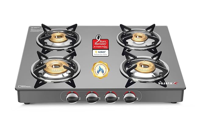 Sujata Standard 4 Burner Auto Ignition Gas Stove | 9 Years Warranty Toughened Glass Top | ISI Certified | SABAF Valves | LPG & PNG Compatible | 360° Rotating Nozzle |(Black)