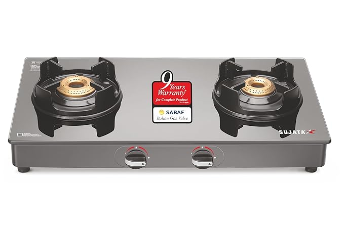 Sujata Deluxe Gas Stove | 9 Years Warranty | Stove 2 Burner, 2 Burner Gas Stove, Manual Ignition, SABAF, ISI Certified, LPG & PNG Compatible, Brass Burner (Black Colour)