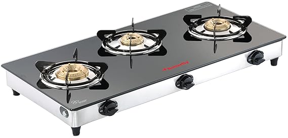 Butterfly Radiant Jumbo 3 Burner Glass Top Gas Stove | Tri-pin Brass Burners