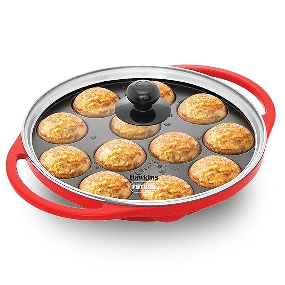 Hawkins 24 cm Appe Pan, Non Stick Paniyaram/Paniyarakkal/Kuzhi/Paniyaram/Ponganalu/Litti Pan with Glass Lid, Aluminum handle, 12 Cups, Red (NAPE24G)