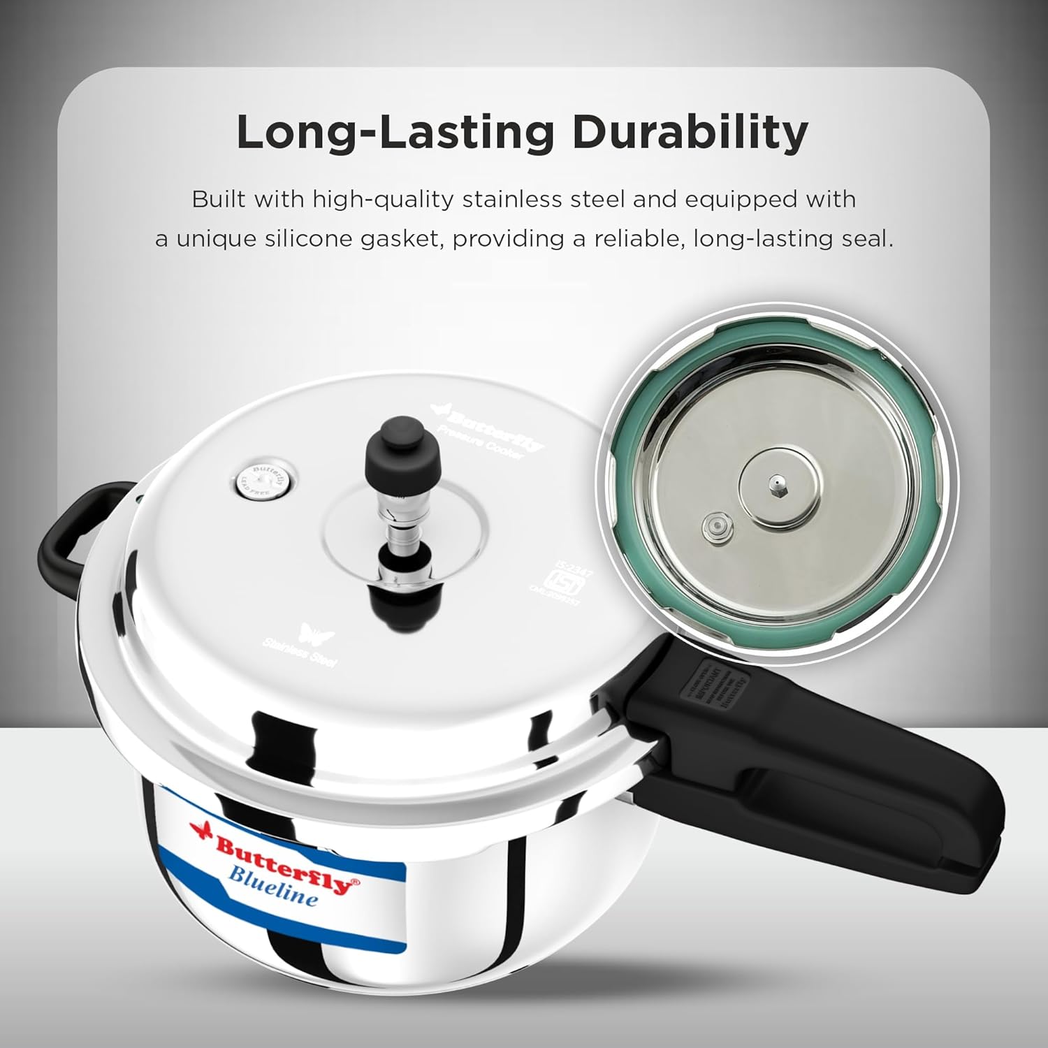 Butterfly Blue Line 3 Litre Pressure Cooker| Stainless Steel - Detail View