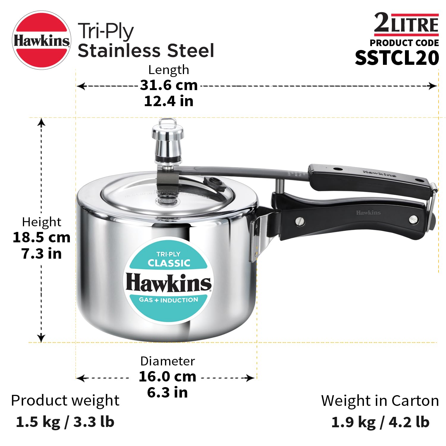 Hawkins Classic 2 Litre Triply Stainless Steel Pressure Cooker - Detail View