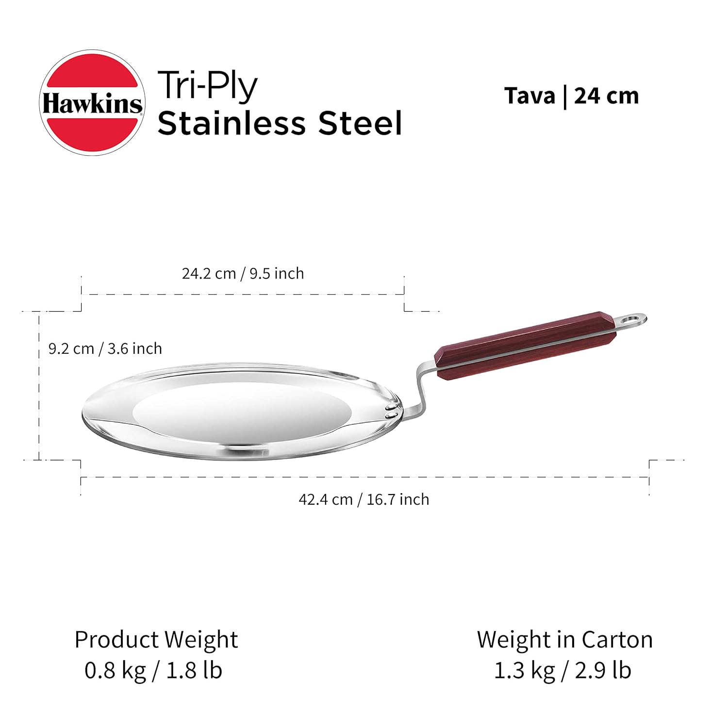 Hawkins 24 cm Tava, Triply Stainless Steel Tawa with Stainless Steel Handle, Induction Tawa, Silver (SSTV24) - Detail View
