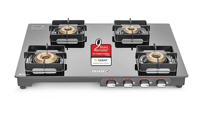 Sujata Regal Manual Gas Stove 4 Burners Glass Top | 9 Years Warranty | Gas Stove with Jumbo Brass Burners | SABAF Technology | ISI Certified | LPG & PNG Compatible | 360° Rotating Brass Nozzle (Black)