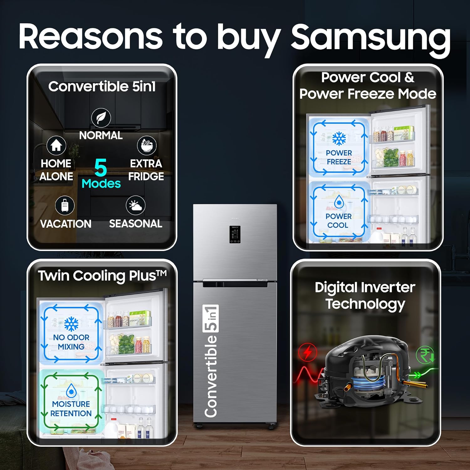 Samsung 301 L, 2 Star, Convertible 5-in-1 Digital Inverter with Display Frost Free Double Door Refrigerator (RT31H4522S9/HL, Silver, Refined Inox - Detail View