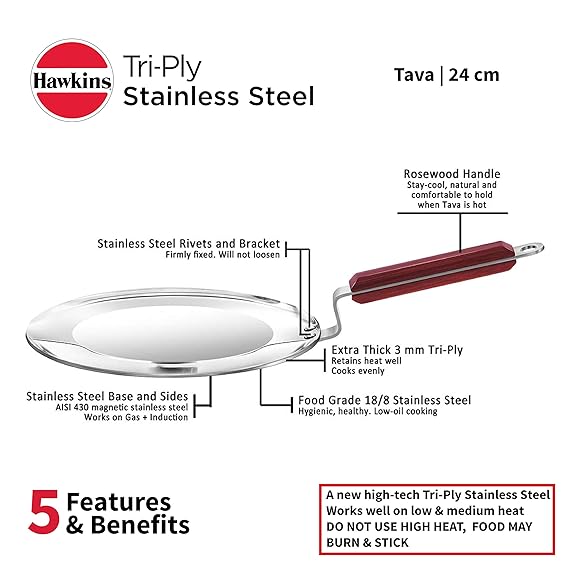 Hawkins 24 cm Tava, Triply Stainless Steel Tawa with Stainless Steel Handle, Induction Tawa, Silver (SSTV24) - Alternate View