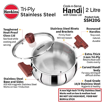 Induction Compatible SS Tri-ply Handi 2 Litre with Glass lid (SSH20G) - Alternate View