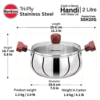 Induction Compatible SS Tri-ply Handi 2 Litre with Glass lid (SSH20G) - Detail View