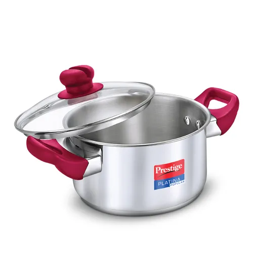 Prestige Platina Popular Stainless Steel Unique Impact Forged Bottom Casserole with Glass Lid, 18cm (2 L) (Silver)