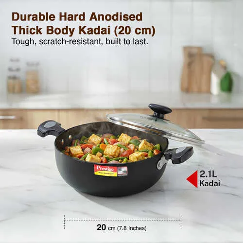 Prestige Hard Anodised Plus Gas and Induction Compatible Kadai with Glass Lid, 24 cm, Black - Detail View